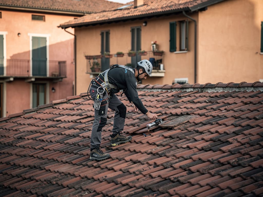 Tecnico che ispeziona le tegole di un tetto a Bologna
